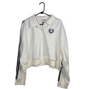 PINK Victoria Secret White Fleece Cropped Pullover Sweatshirt Striped Sleeve XXL